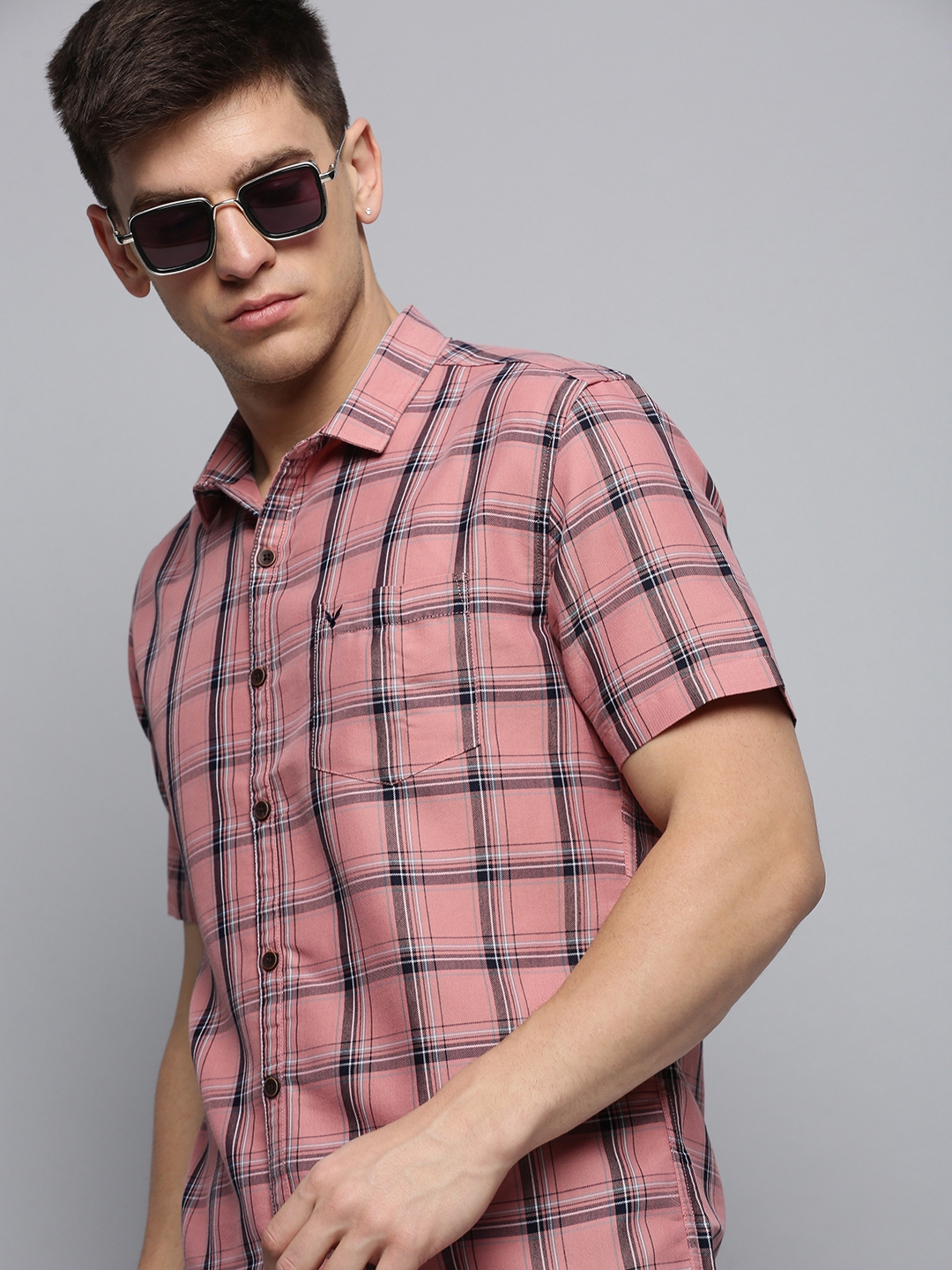 Showoff | SHOWOFF Men's Spread Collar Checked Pink Classic Shirt 0