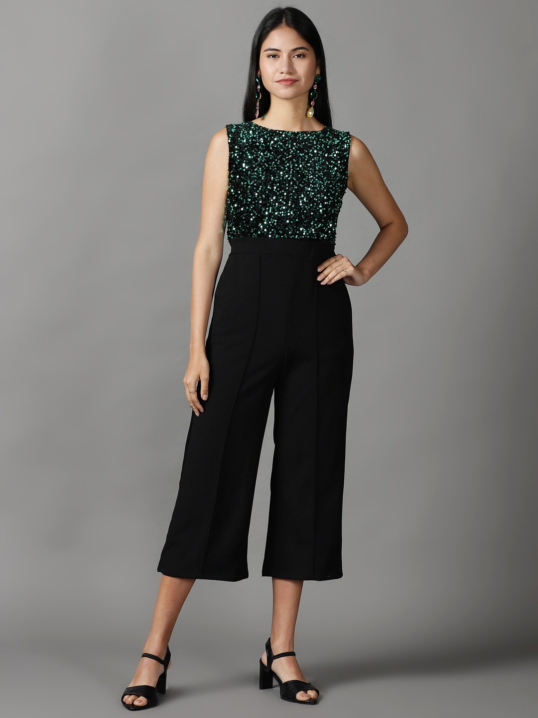 SHOWOFF Women Black Solid Round Neck Sleeveless Basic Jumpsuit
