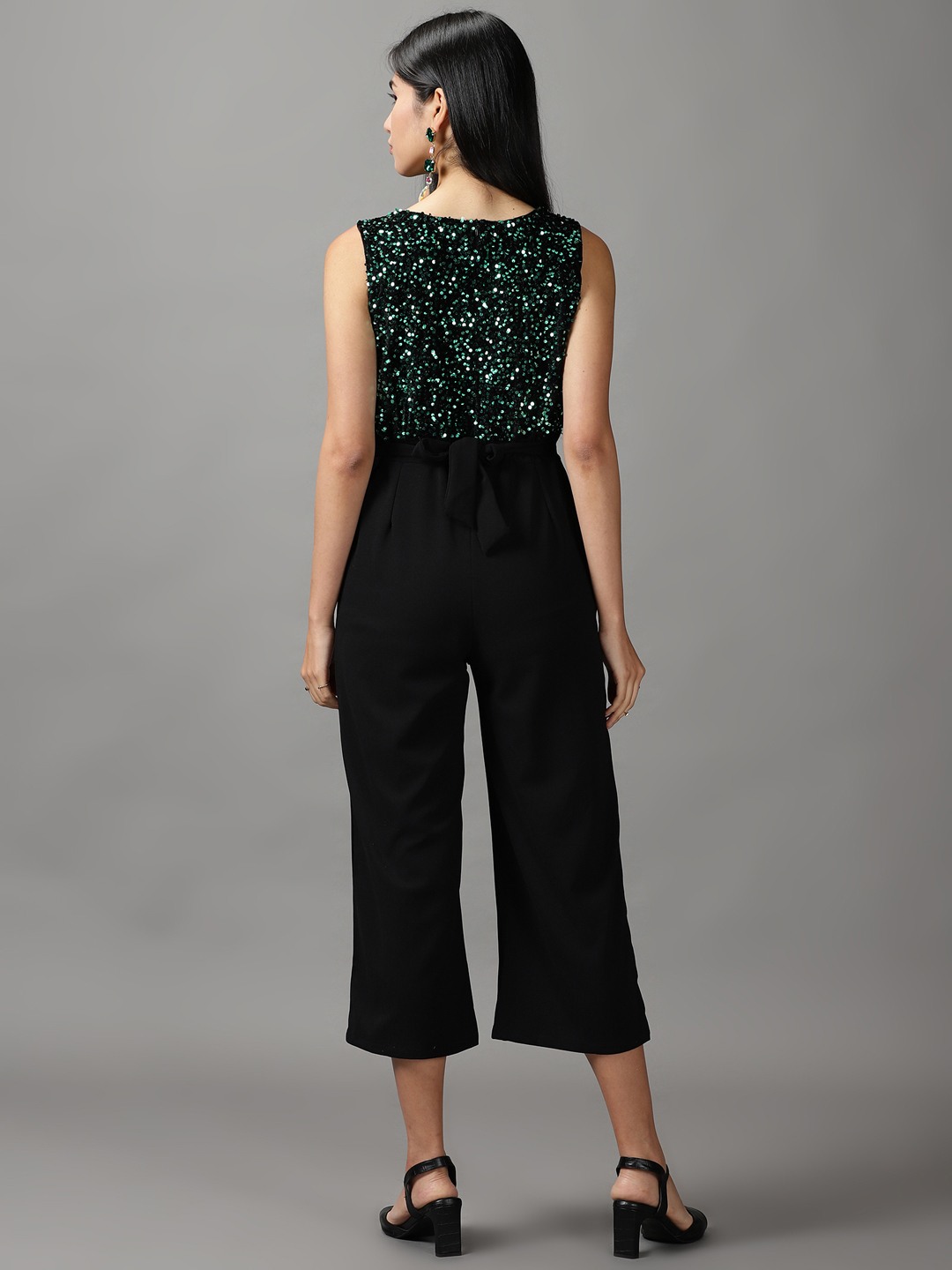 SHOWOFF Women Black Solid Round Neck Sleeveless Basic Jumpsuit