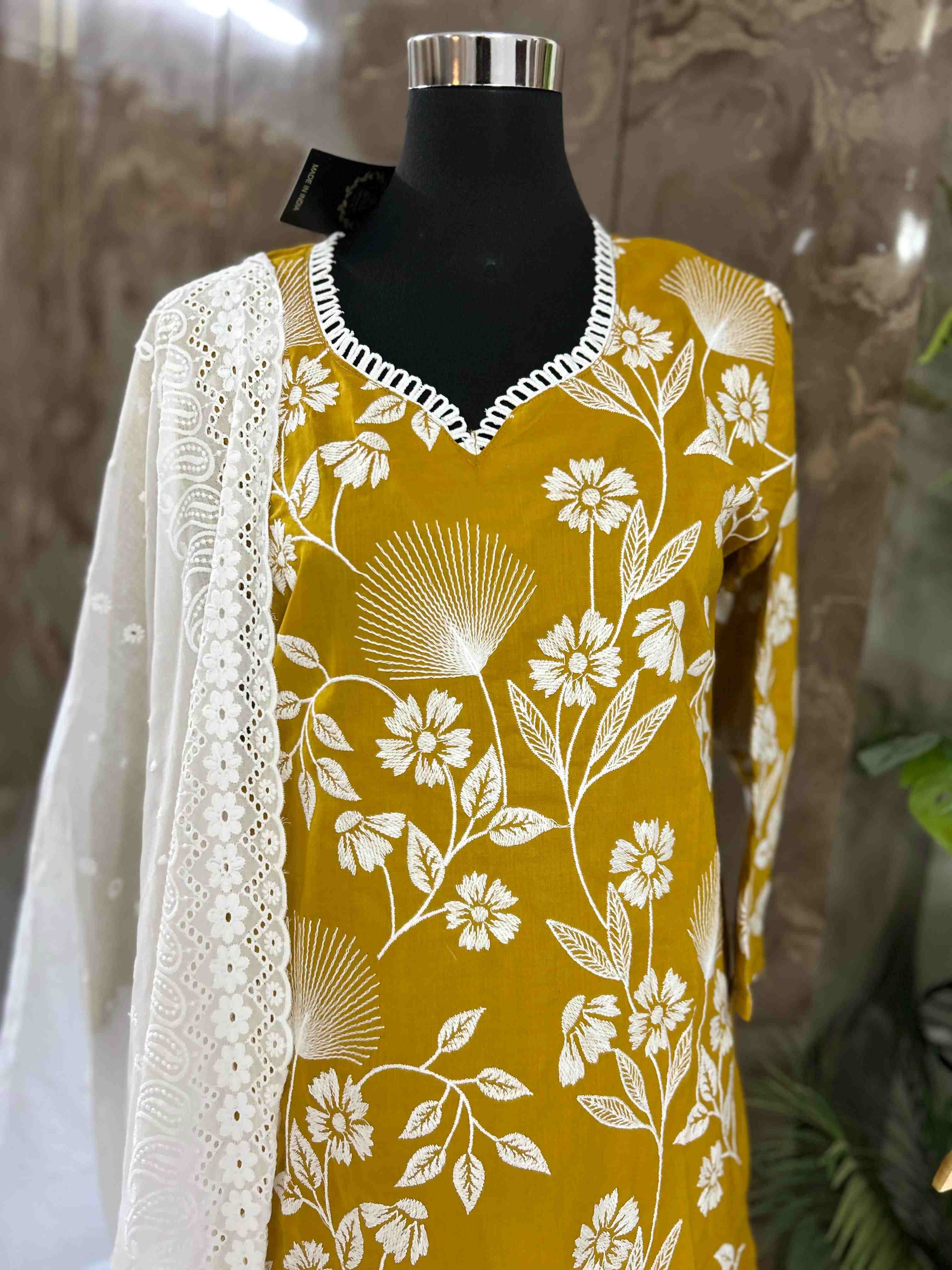Mustard yellow tread embroidered kurta sets with white cotton chickenkari dupatta