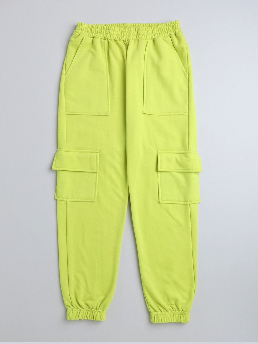 Ninos Dreams Girls Solid Cargo Style Joggers with Oversized Crop Top- Lemon Yellow