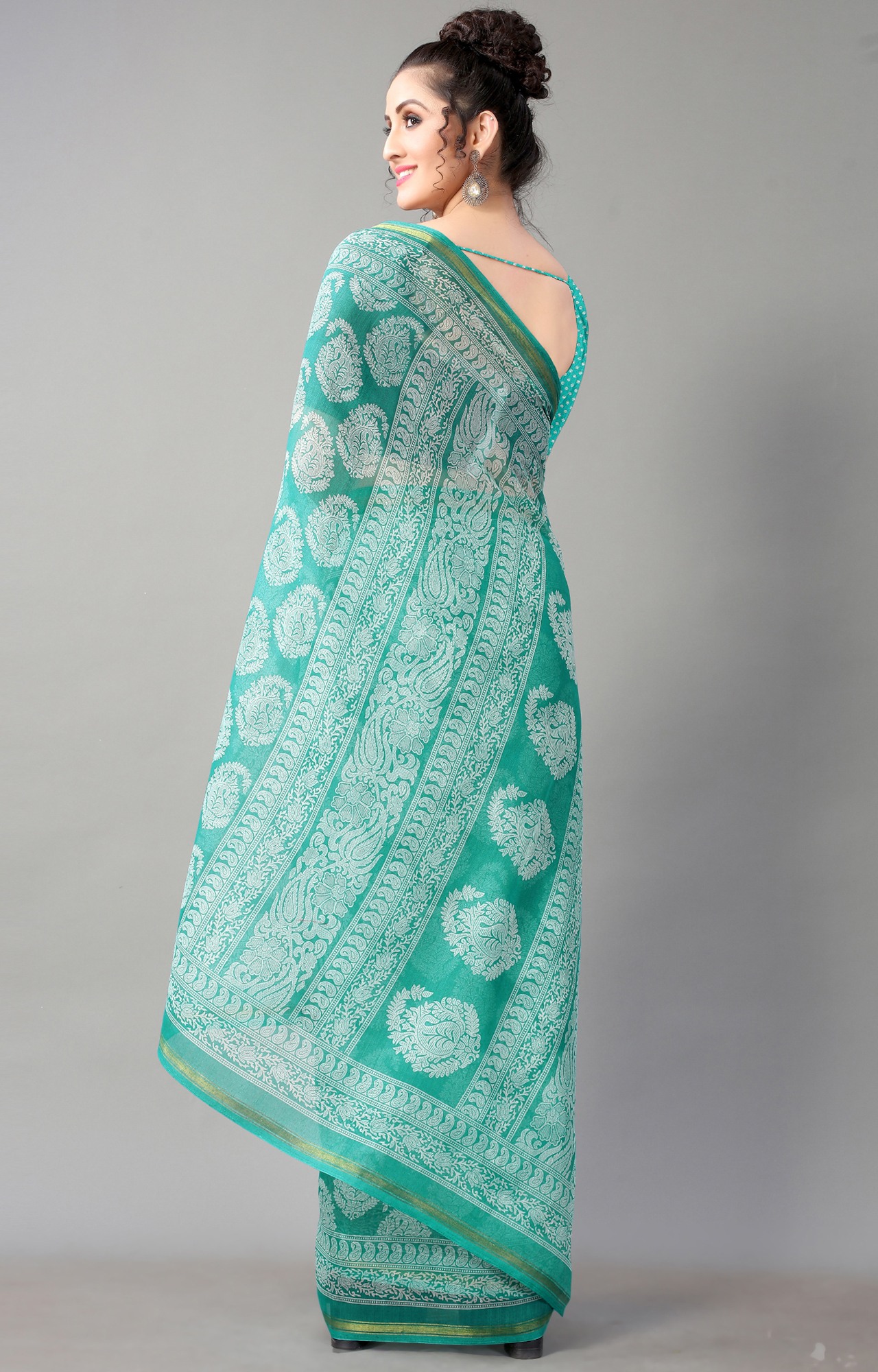 Women Turquoise Batick Block Print Casual Wear Saree-HAL21CTN00036TEAL