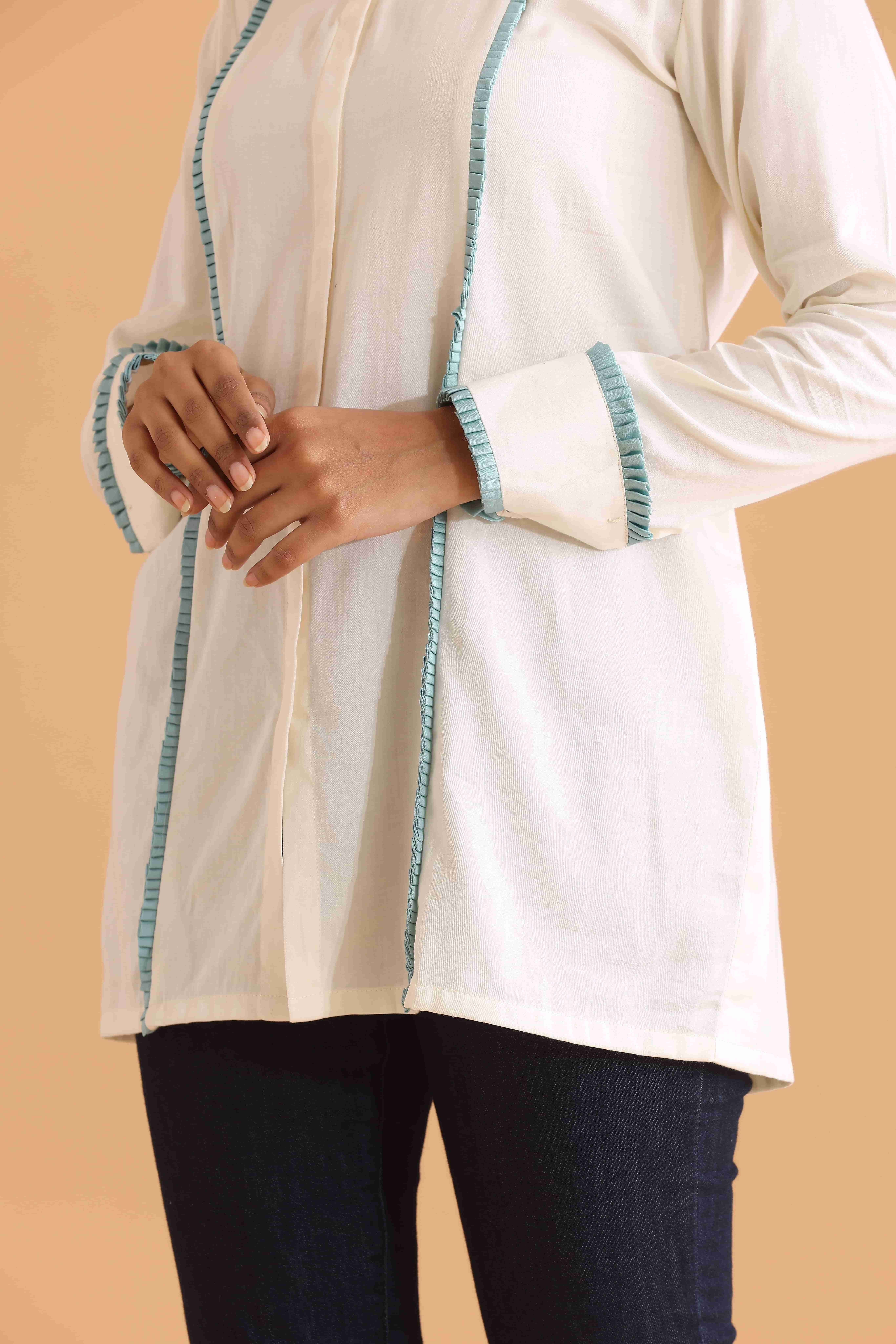 Ivory Full Sleeve shirt with Blue Pleated Detailing