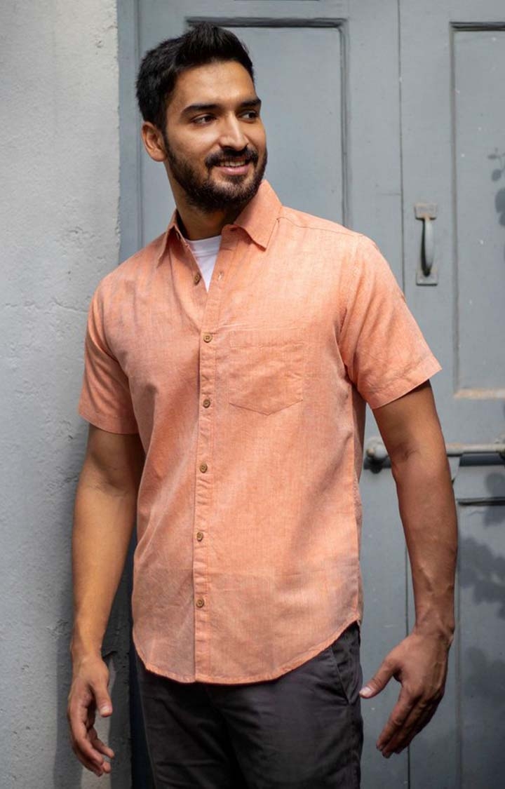 Men's Rust Orange Tencel Regular Fit  Casual Shirt