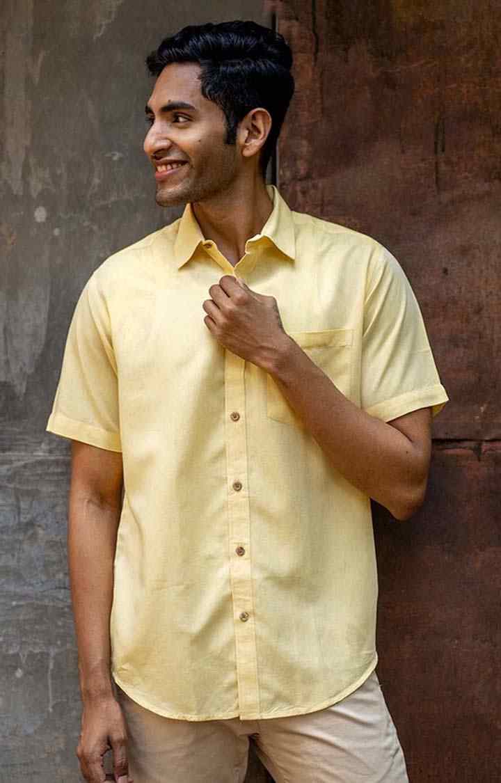 Men's Lemon Yellow Tencel Regular Fit  Casual Shirt