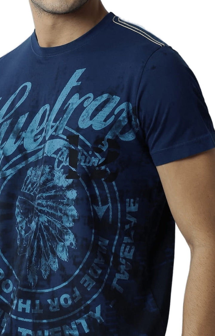 HUETRAP | Men's Blue Cotton Printed Regular T-Shirt 4
