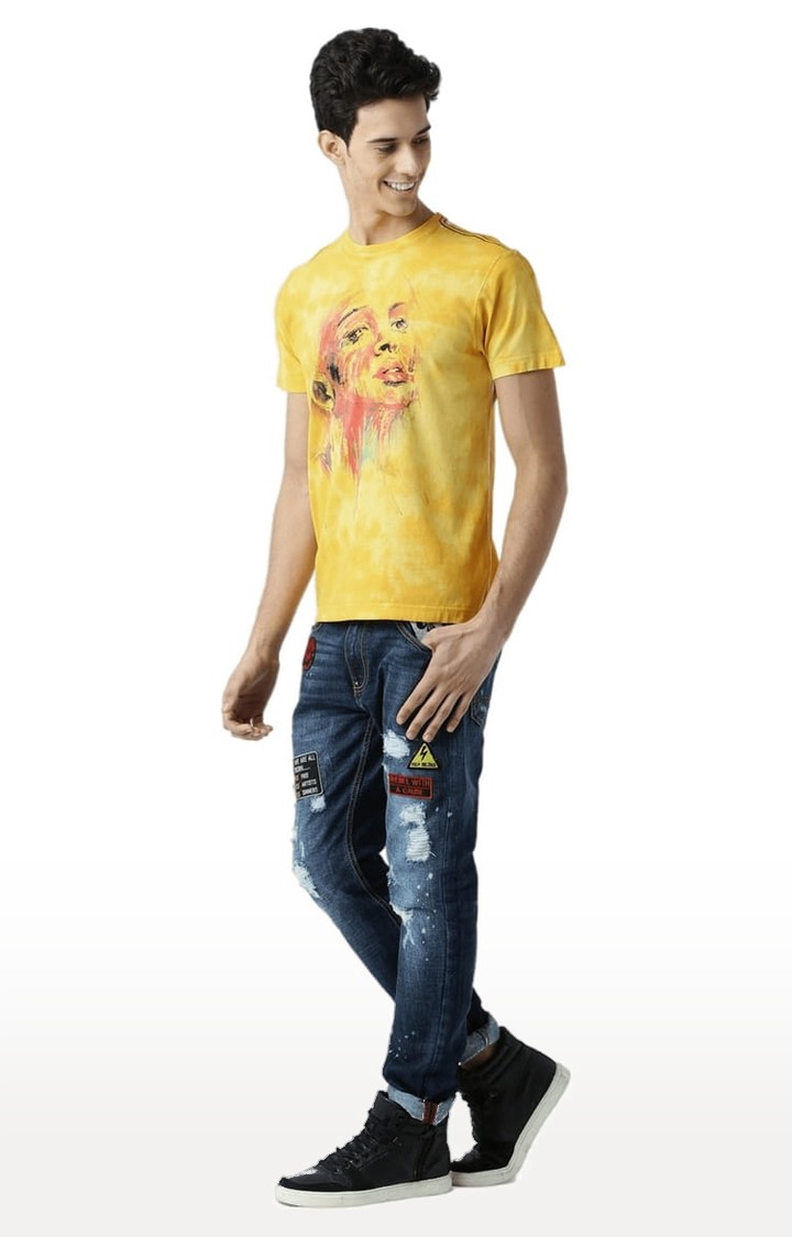 Men's Yellow Printed Regular T-Shirt