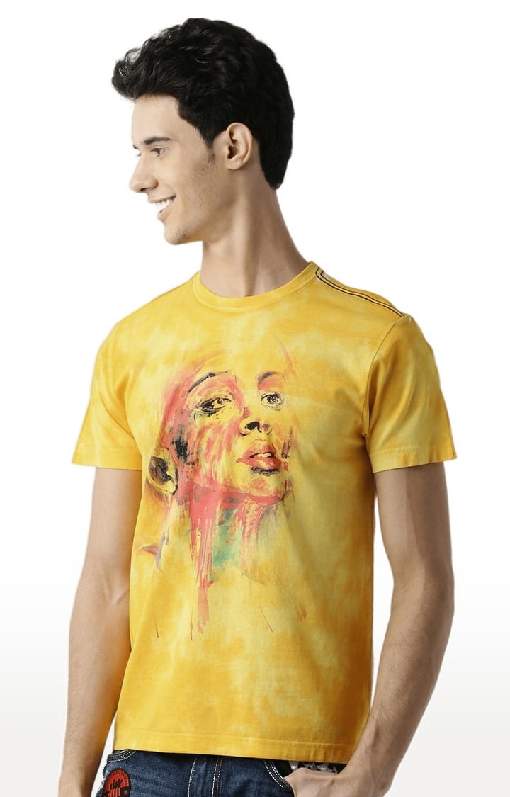 Men's Yellow Printed Regular T-Shirt