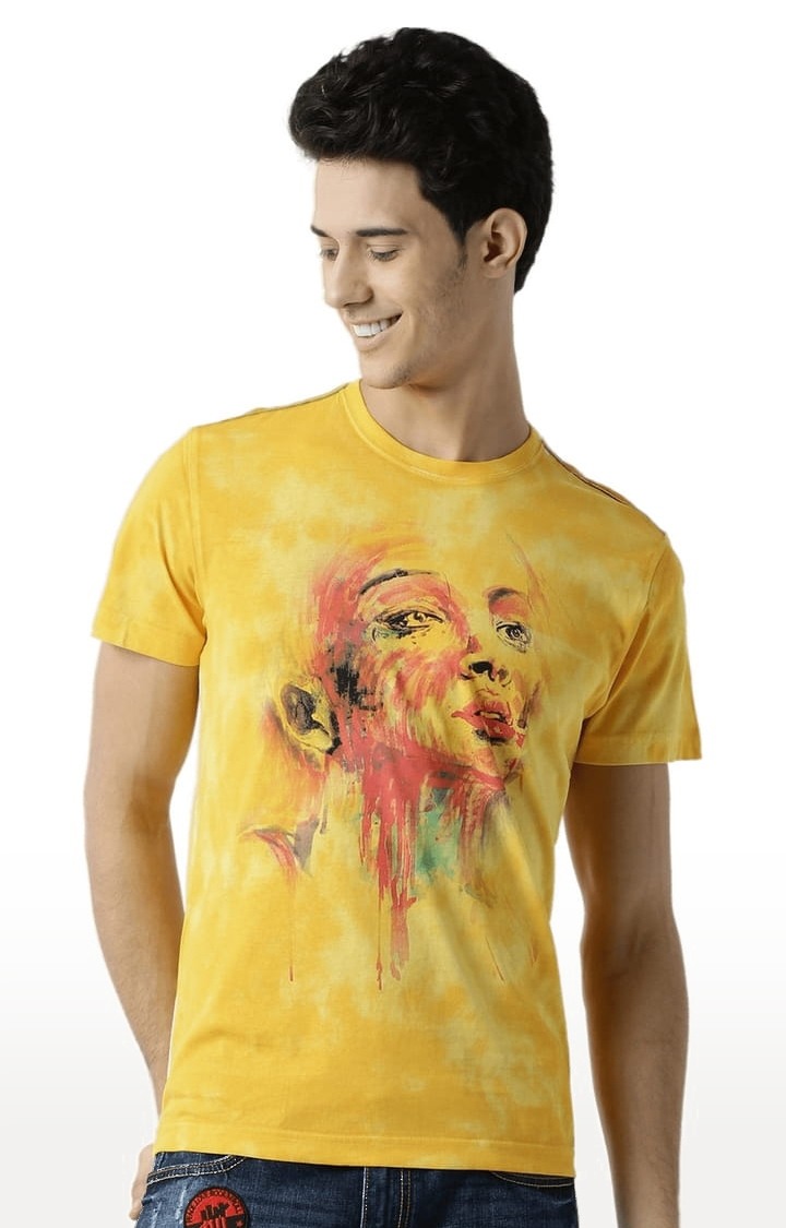 HUETRAP | Men's Yellow Printed Regular T-Shirt