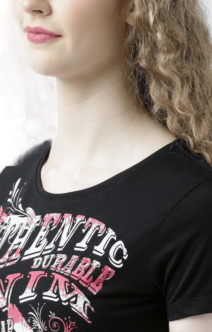 HUETRAP | Women's Black Cotton Typographic Printed Regular T-Shirt 4