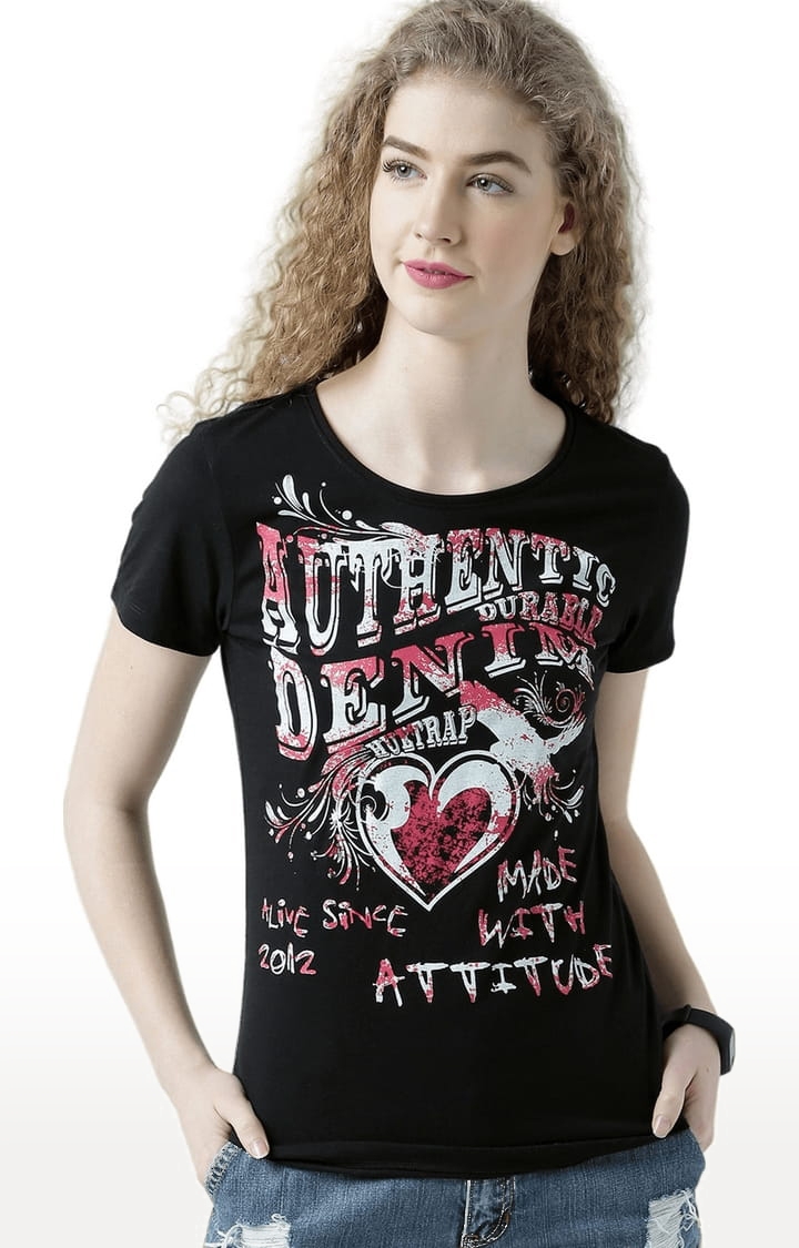 HUETRAP | Women's Black Cotton Typographic Printed Regular T-Shirt 0