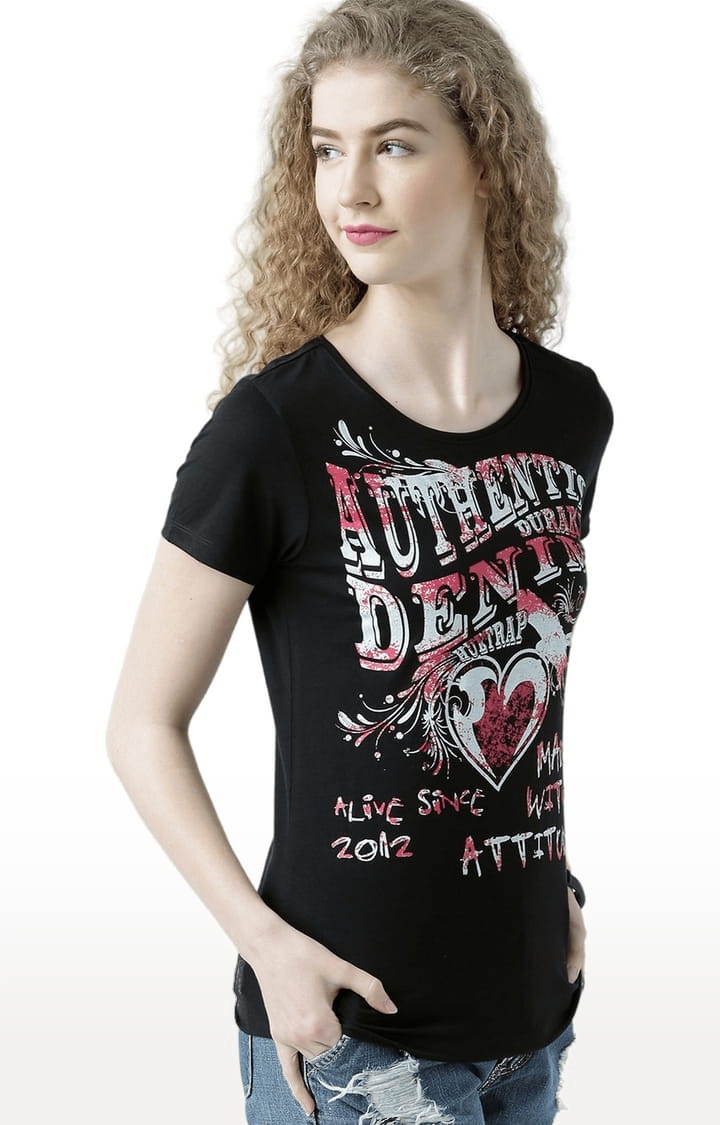 Women's Black Typographic Regular T-Shirt