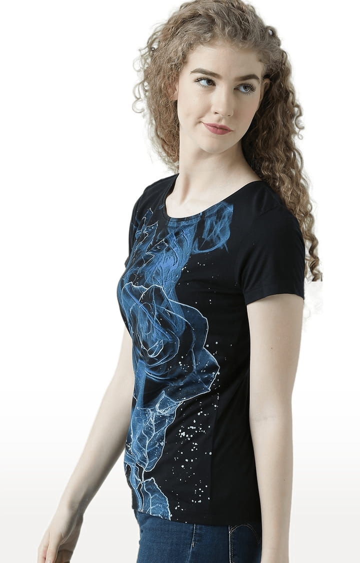 Women's Black Printed Regular T-Shirt