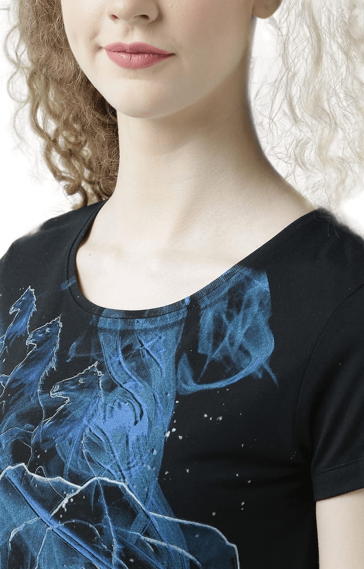 Women's Black Printed Regular T-Shirt