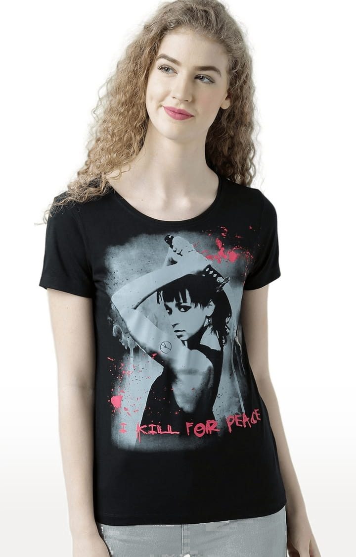 HUETRAP | Women's Black Printed Regular T-Shirt