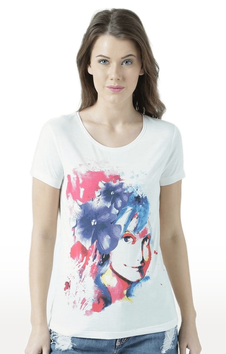 HUETRAP | Women's Off White Printed Regular T-Shirt