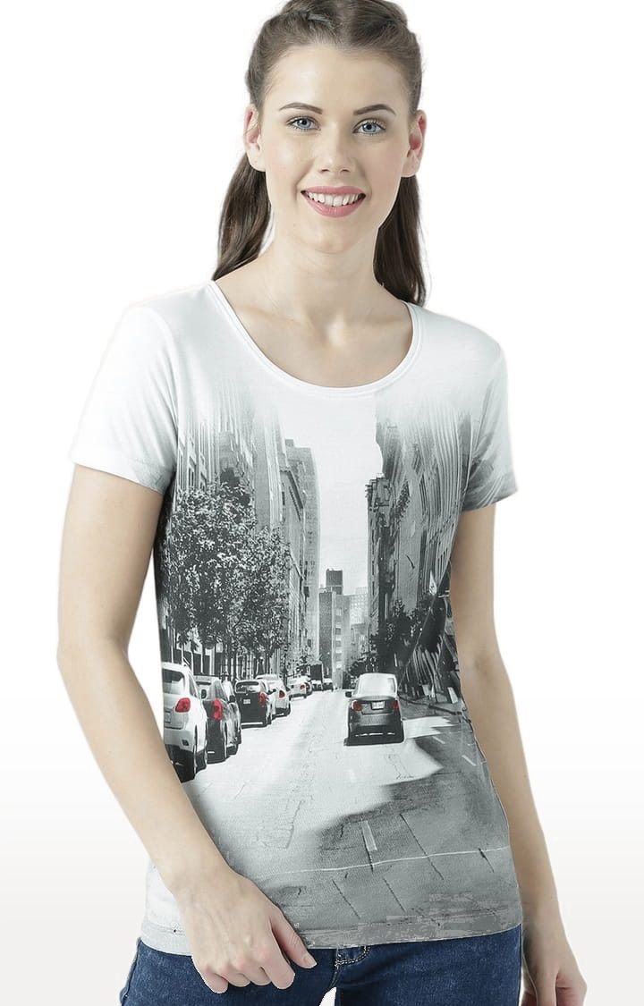 Women's Off White & Grey Printed Regular T-Shirt
