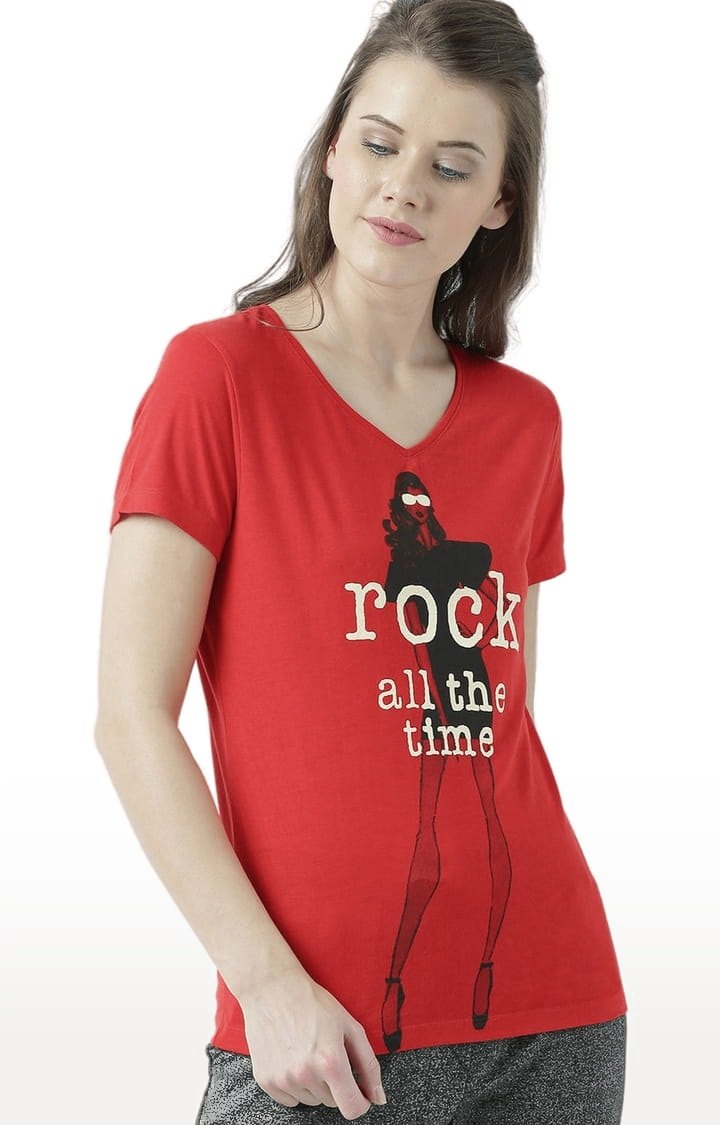 HUETRAP | Women's Red Printed Regular T-Shirt
