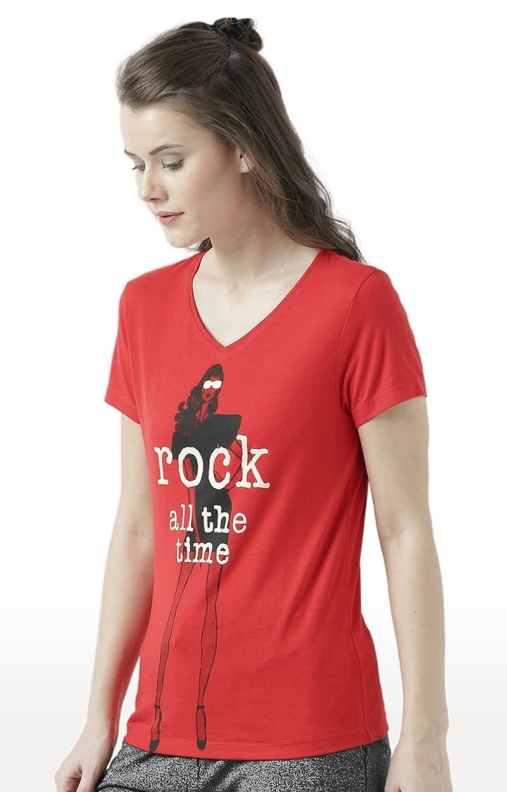 Women's Red Printed Regular T-Shirt