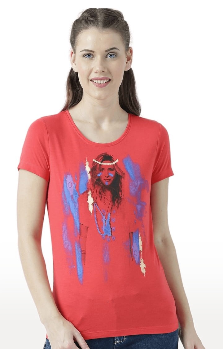 HUETRAP | Women's Red Printed Regular T-Shirt