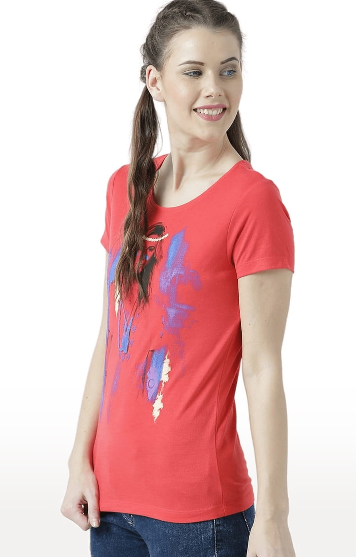 Women's Red Printed Regular T-Shirt