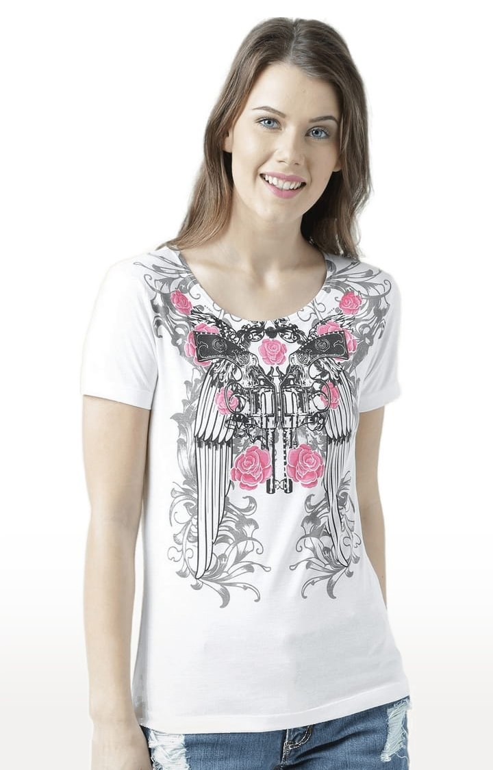HUETRAP | Women's White Printed Regular T-Shirt
