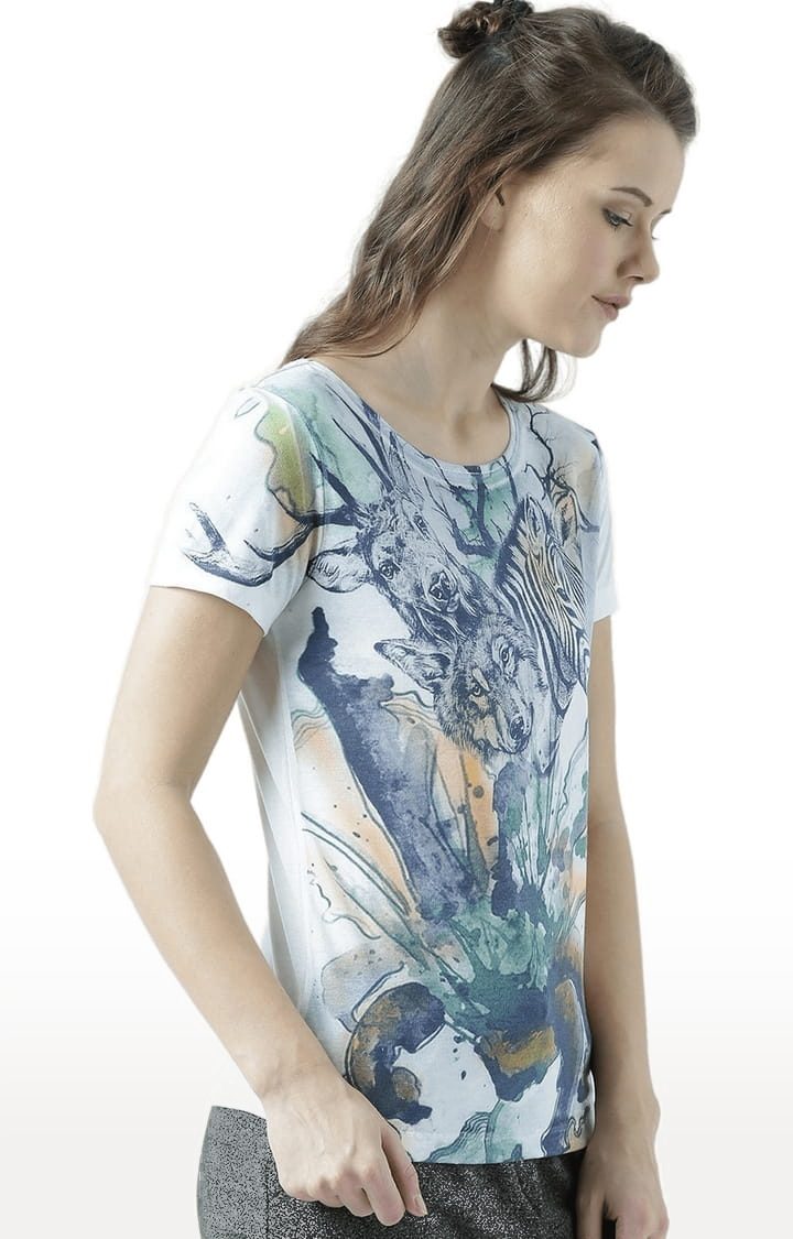 Women's White & Blue Printed Regular T-Shirt