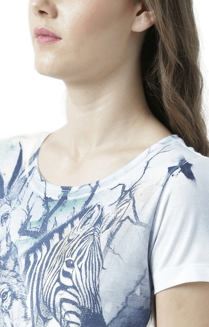 Women's White & Blue Printed Regular T-Shirt