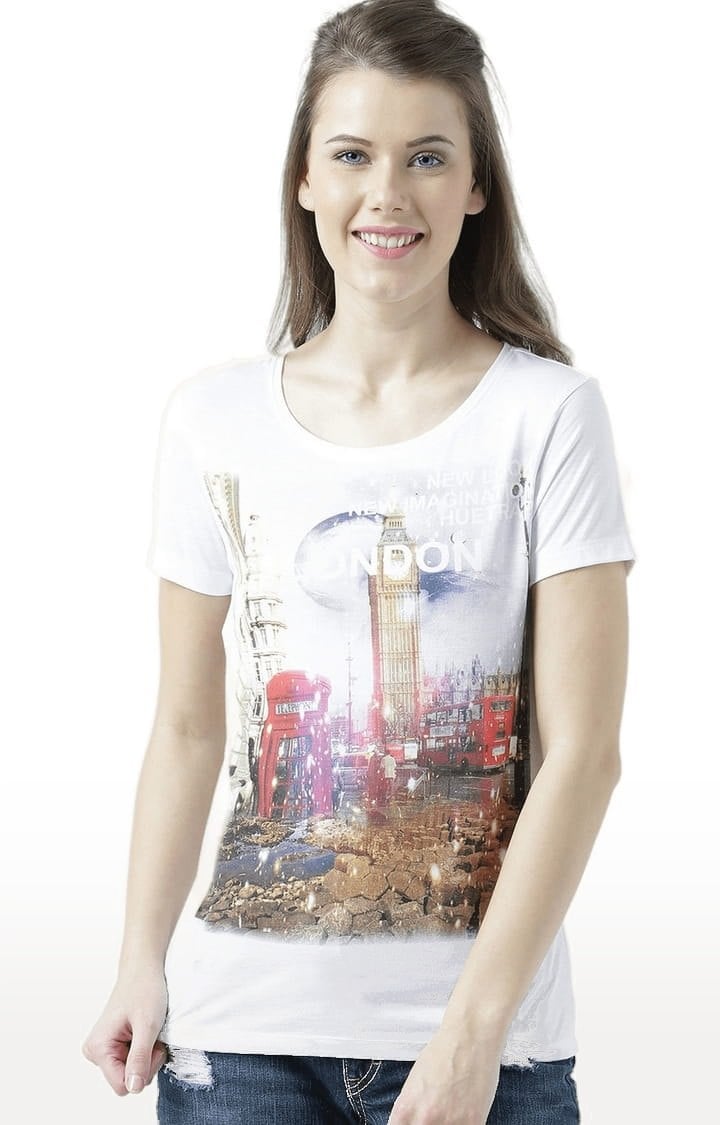 HUETRAP | Women's White Printed Regular T-Shirt