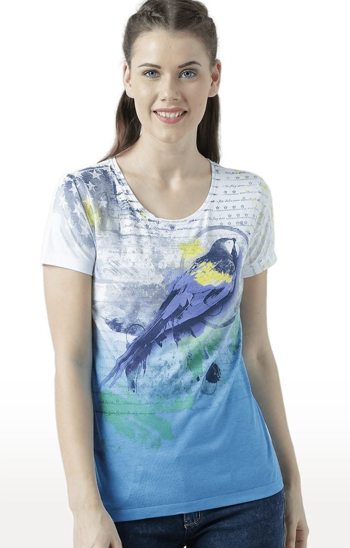 HUETRAP | Women's White & Blue Printed Regular T-Shirt