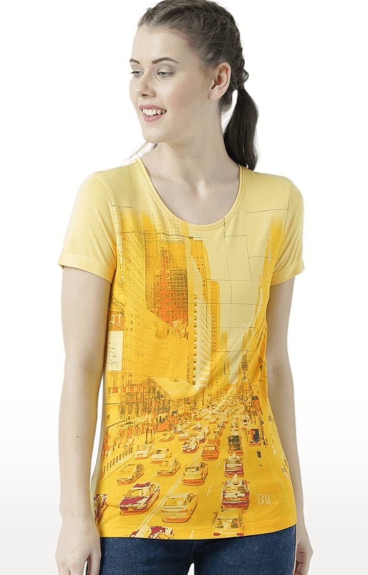 HUETRAP | Women's Yellow Printed Regular T-Shirt
