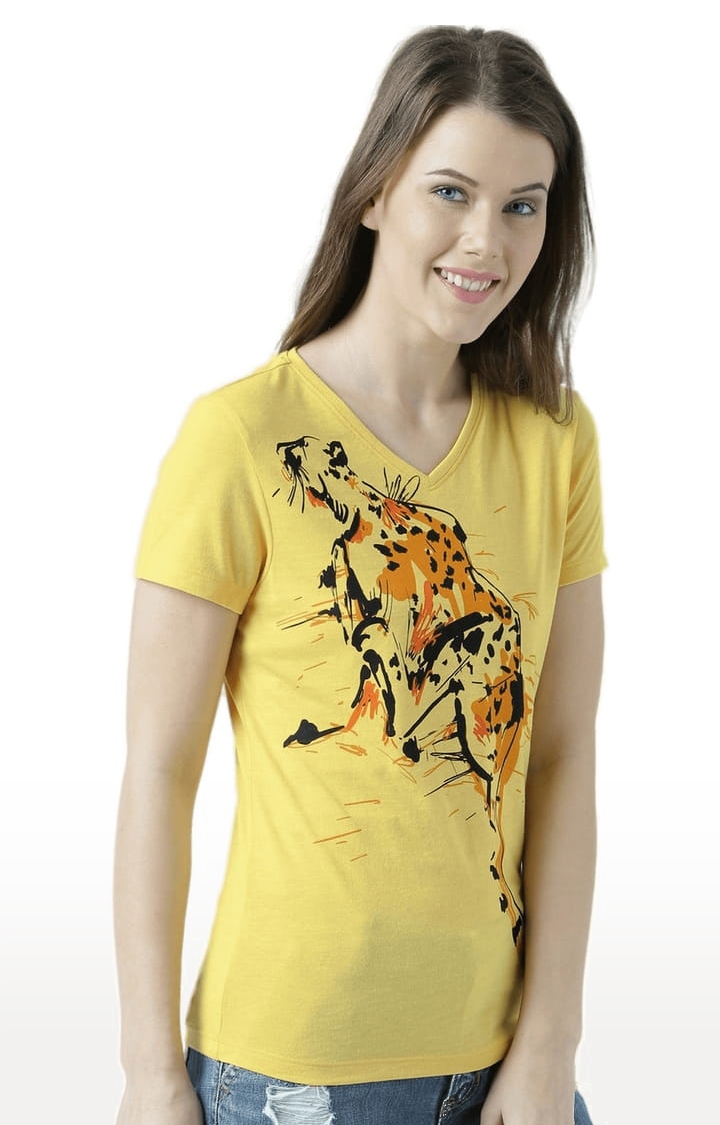 HUETRAP | Women's Yellow Cotton Printed Regular T-Shirt 1