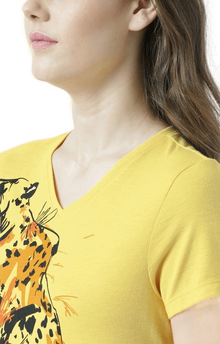 HUETRAP | Women's Yellow Cotton Printed Regular T-Shirt 4