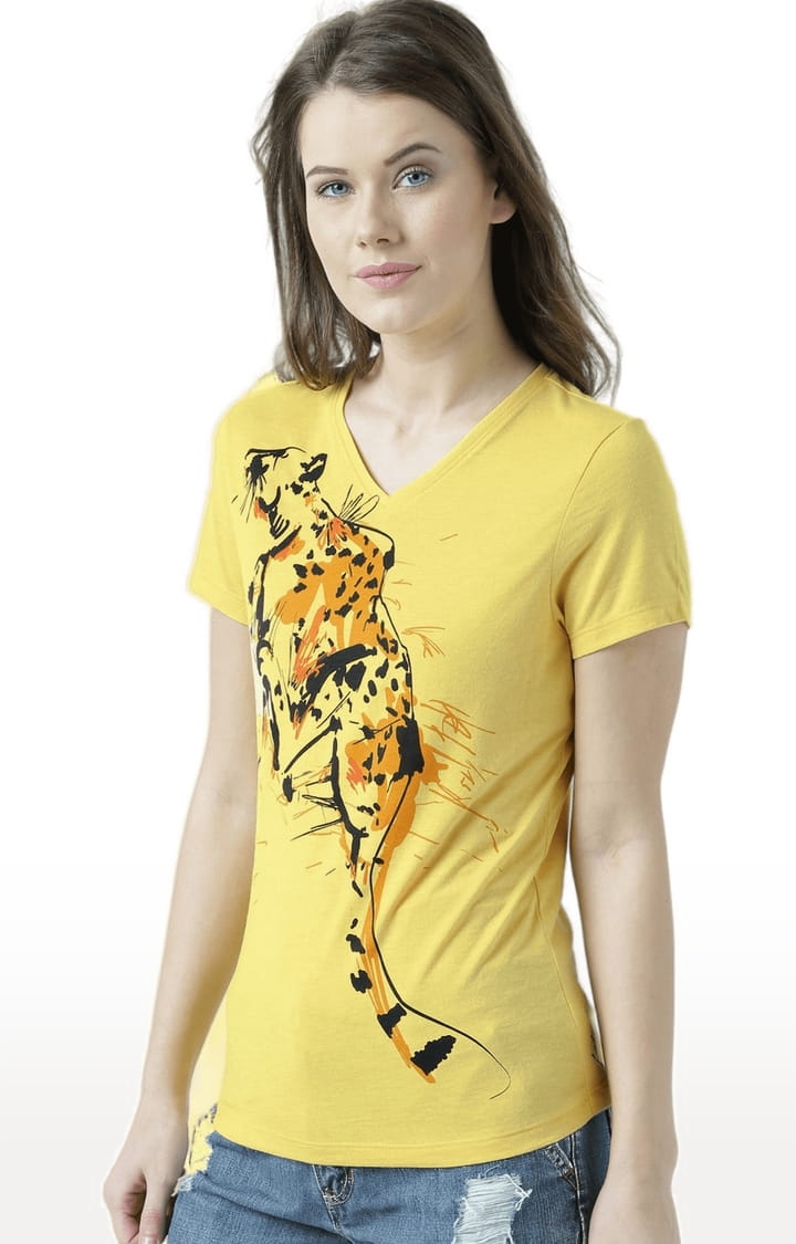 HUETRAP | Women's Yellow Cotton Printed Regular T-Shirt 2
