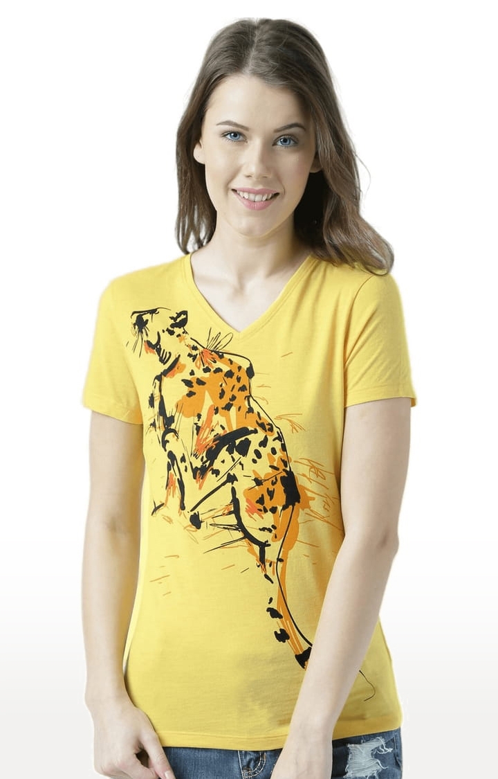 HUETRAP | Women's Yellow Cotton Printed Regular T-Shirt 0