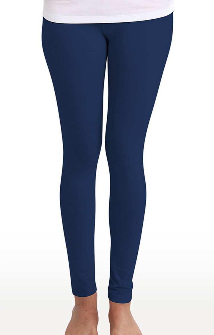 Women's Blue Cotton Solid Leggings