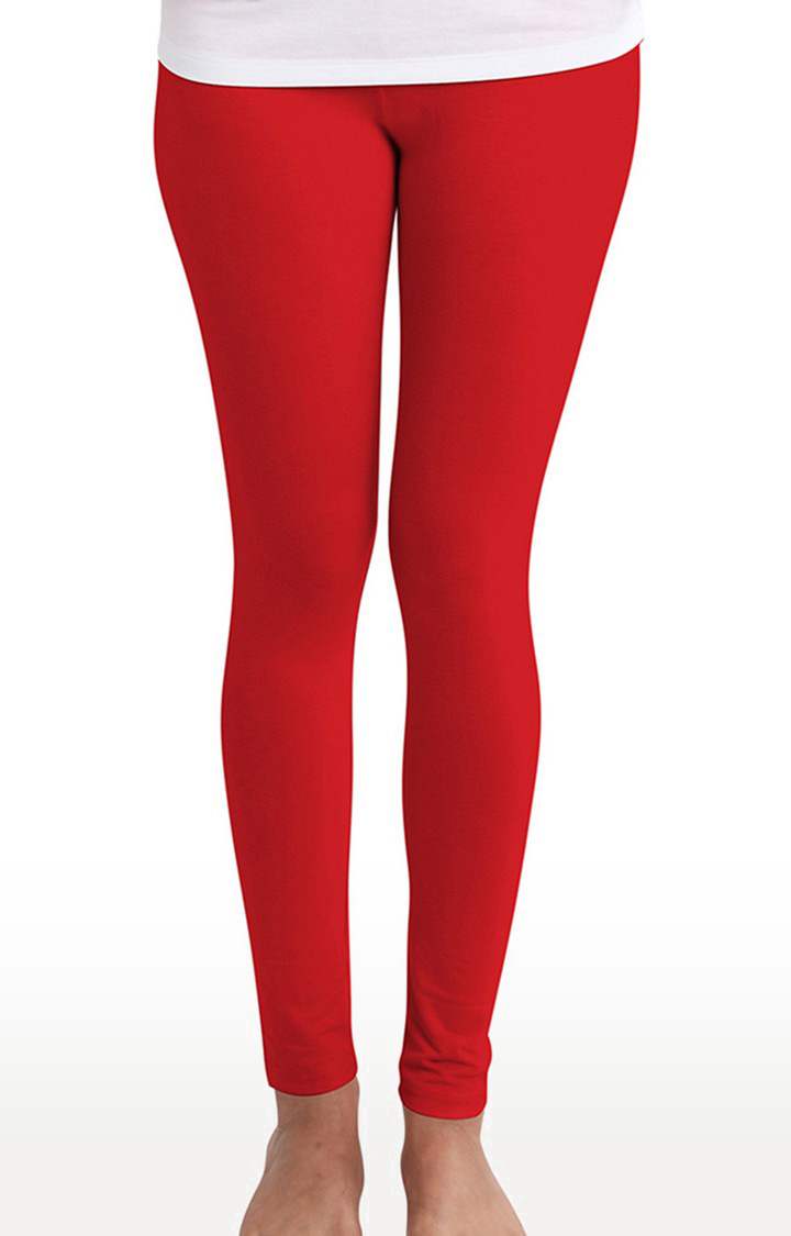 Women's Red Cotton Solid Leggings