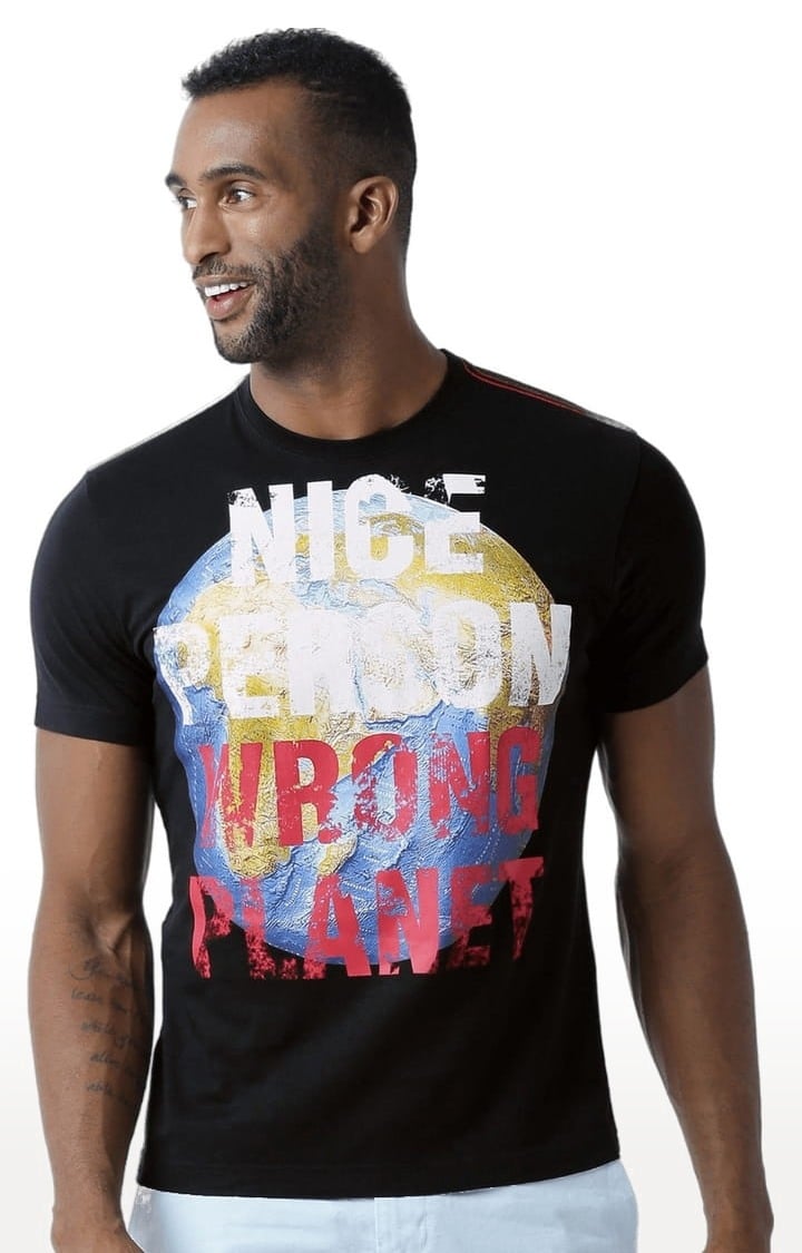 Men's Black Typographic Regular T-Shirt