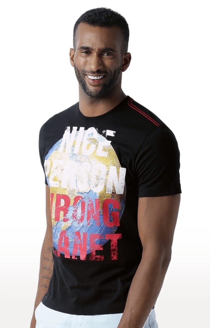 Men's Black Typographic Regular T-Shirt