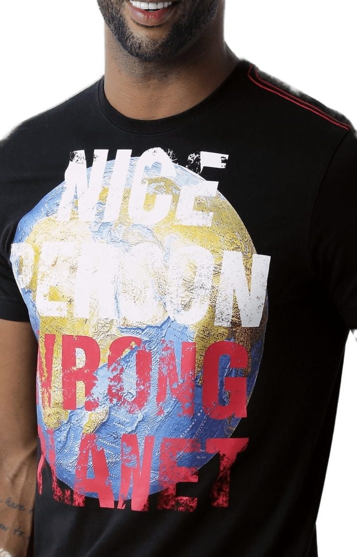 Men's Black Typographic Regular T-Shirt