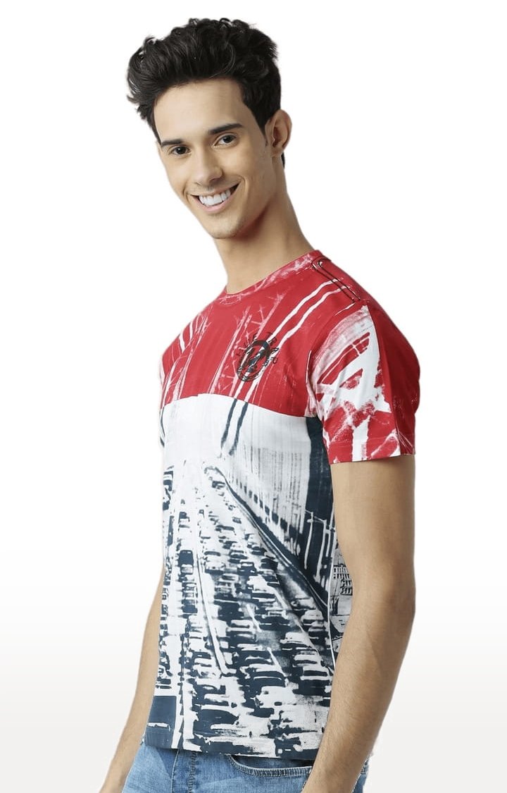 Men's White & Red Colourblock Regular T-Shirt