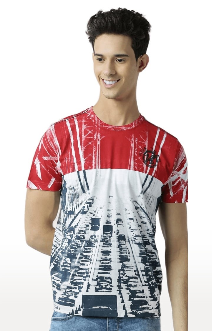 HUETRAP | Men's White & Red Colourblock Regular T-Shirt