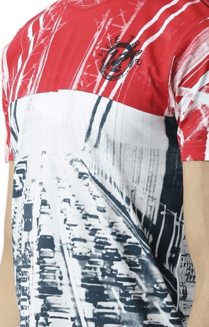 Men's White & Red Colourblock Regular T-Shirt