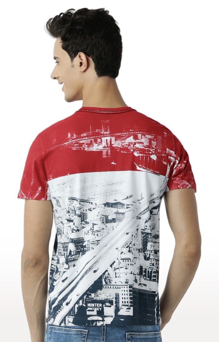 Men's White & Red Colourblock Regular T-Shirt