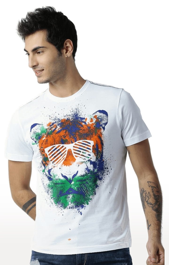 Men's White Printed Regular T-Shirt