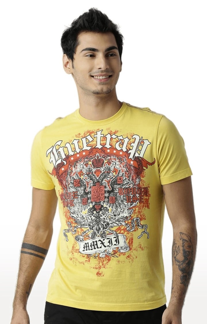 HUETRAP | Men's Yellow Printed Regular T-Shirt