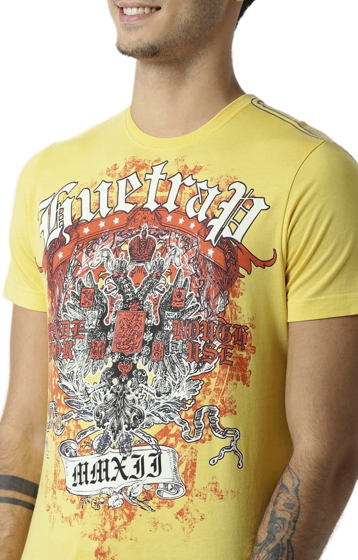 Men's Yellow Printed Regular T-Shirt