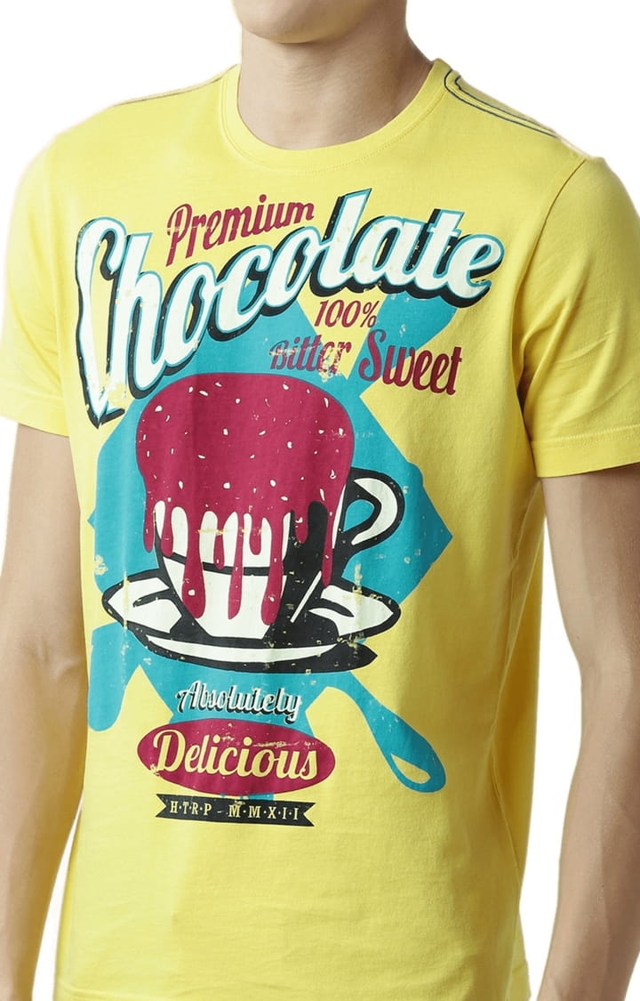 HUETRAP | Men's Yellow Cotton Typographic Printed Regular T-Shirt 4