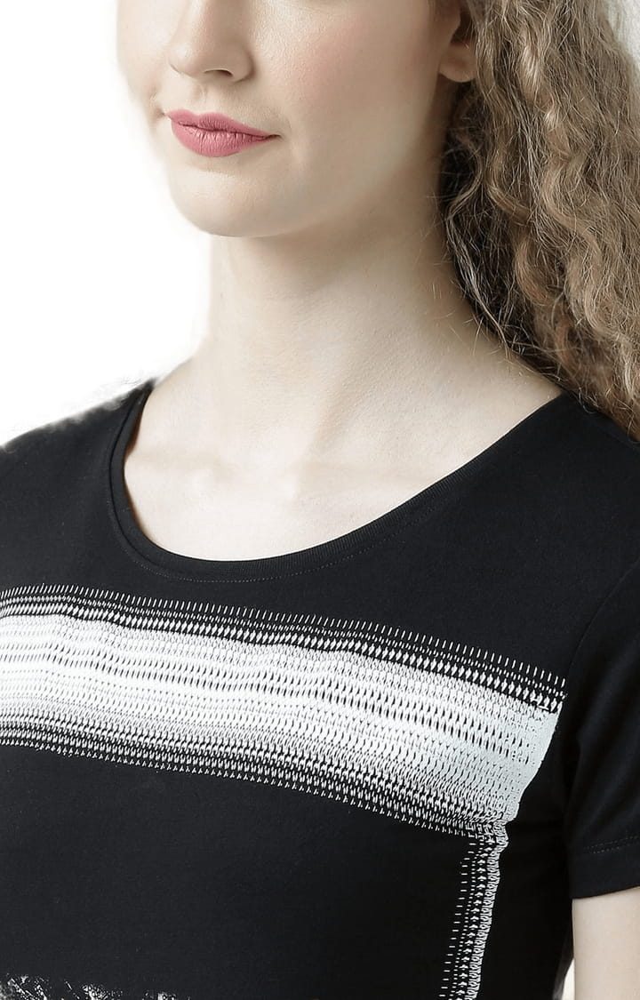 Women's Black Printed Regular T-Shirt