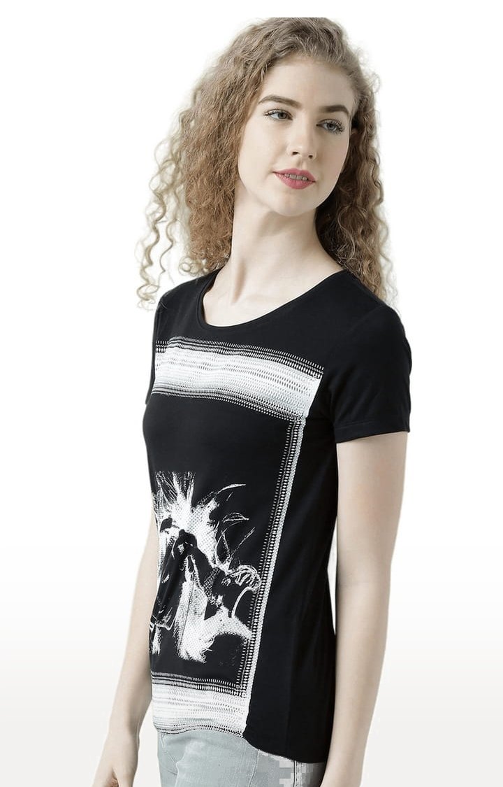 Women's Black Printed Regular T-Shirt